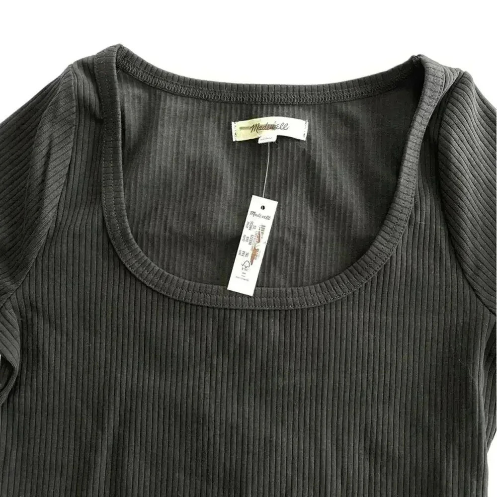 Madewell Square Neck Long Sleeve Crop Tee in Sleekhold Black XS NWT - Picture 3 of 5